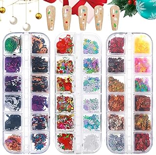 Sibba 3 Box 3D Christmas Nail Art Sequins, 36 Grids Christmas Nail Glitter Holographic Snowflakes Tree Socks Flake Sequins Star Laser for Women Girls DIY Design Face Body Makeup Decorations
