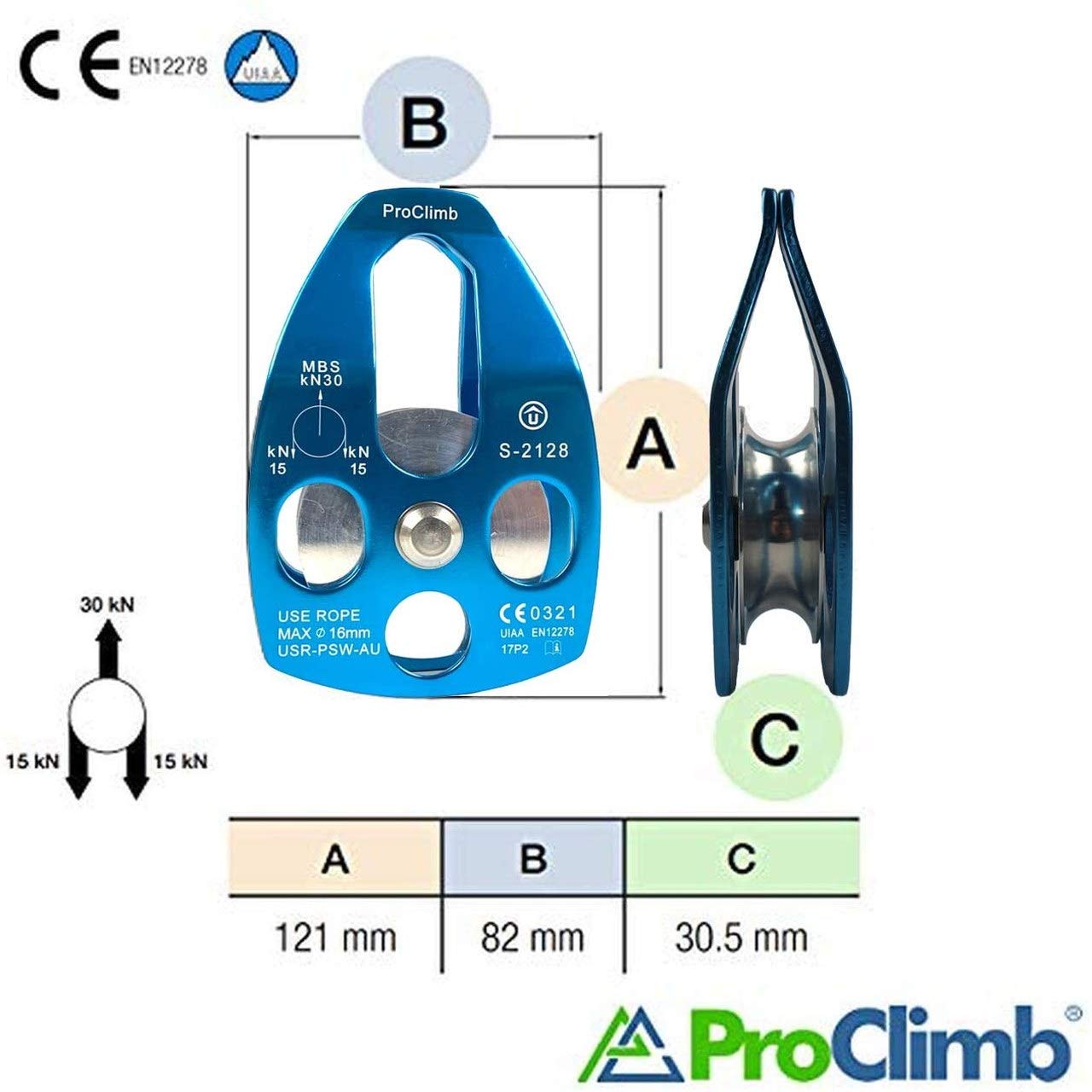 Polea de cuerda de aluminio de 30 kN con placa oscilante, certificado CE/UIAA, polea individual (azul) - Cuerda de 5/8 pulgadas