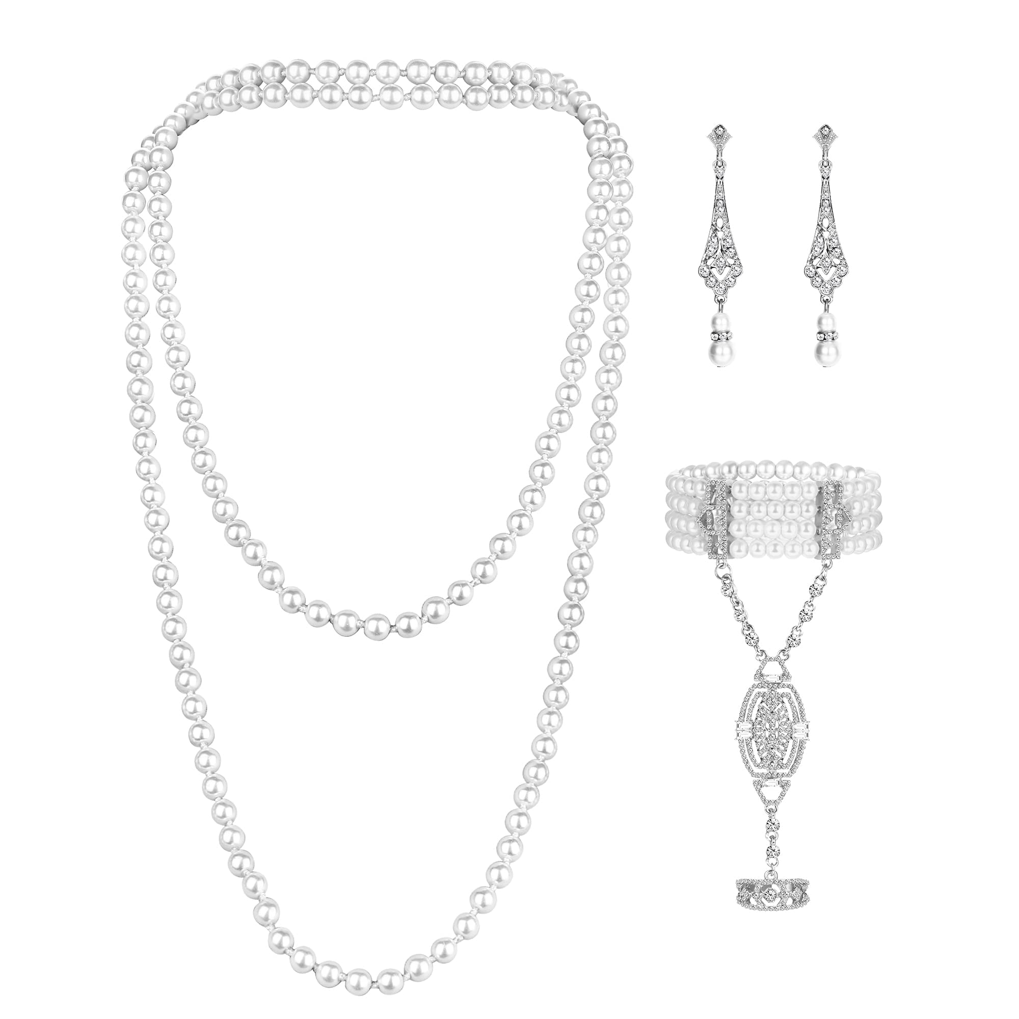 Roheafer Collar de perlas de imitación 1920s Moda Art Deco Pendientes de perlas Flapper Pulsera Anillo Set 20s Accesorios de fiesta de disfraces Vintage Juego de Joyas de Boda para Mujere Niñas