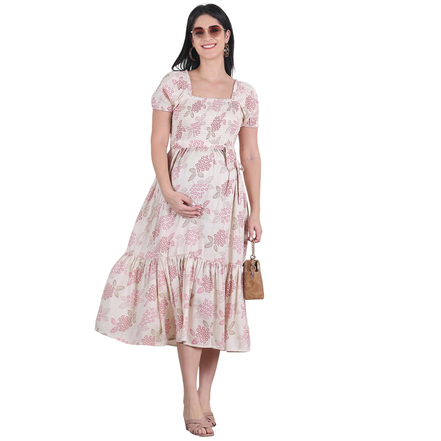 moms maternity Women's Cotton Slub OffWhite Floral Print Maternity Feeding Smoked Panel Dress with Zipless Feeding Access-picture-15
