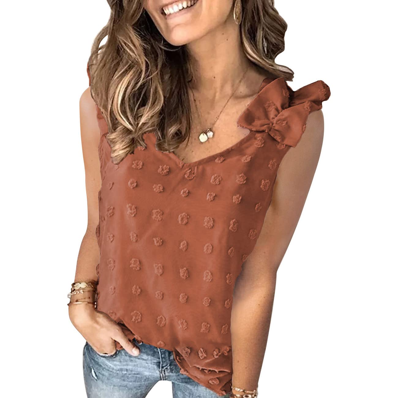 OHXSM Blusa casual de gasa con cuello en V para mujer, sin mangas, para verano, casual, con cuello en V, sin mangas, para mujer, estilo casual, suelta, sin mangas, de gasa, para mujer