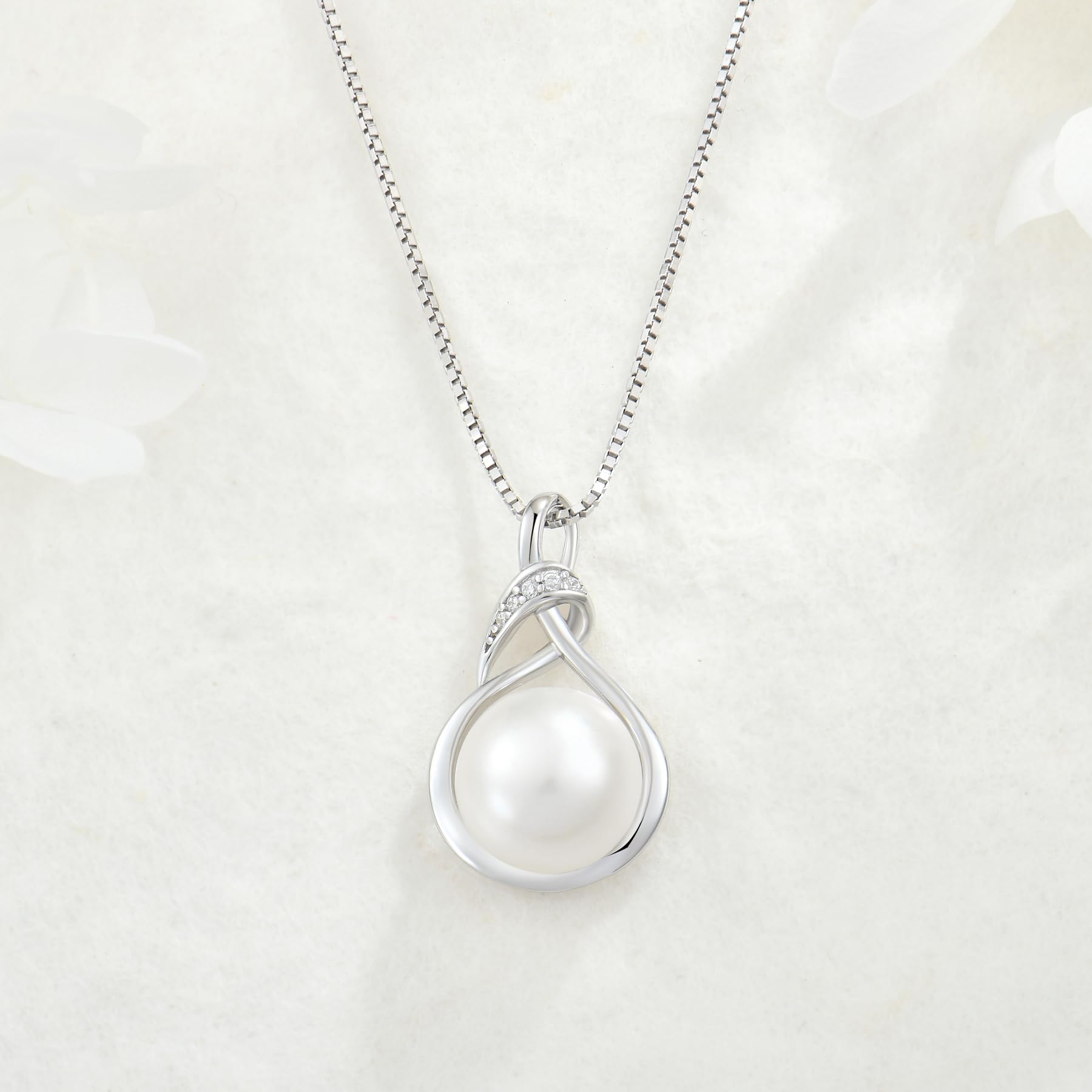 Perlenkette Damen Sterling Silber 925 Zirkonia Halskette mit Perle Anhänger Schmuck Geschenk für Frauen Mutter Freundin