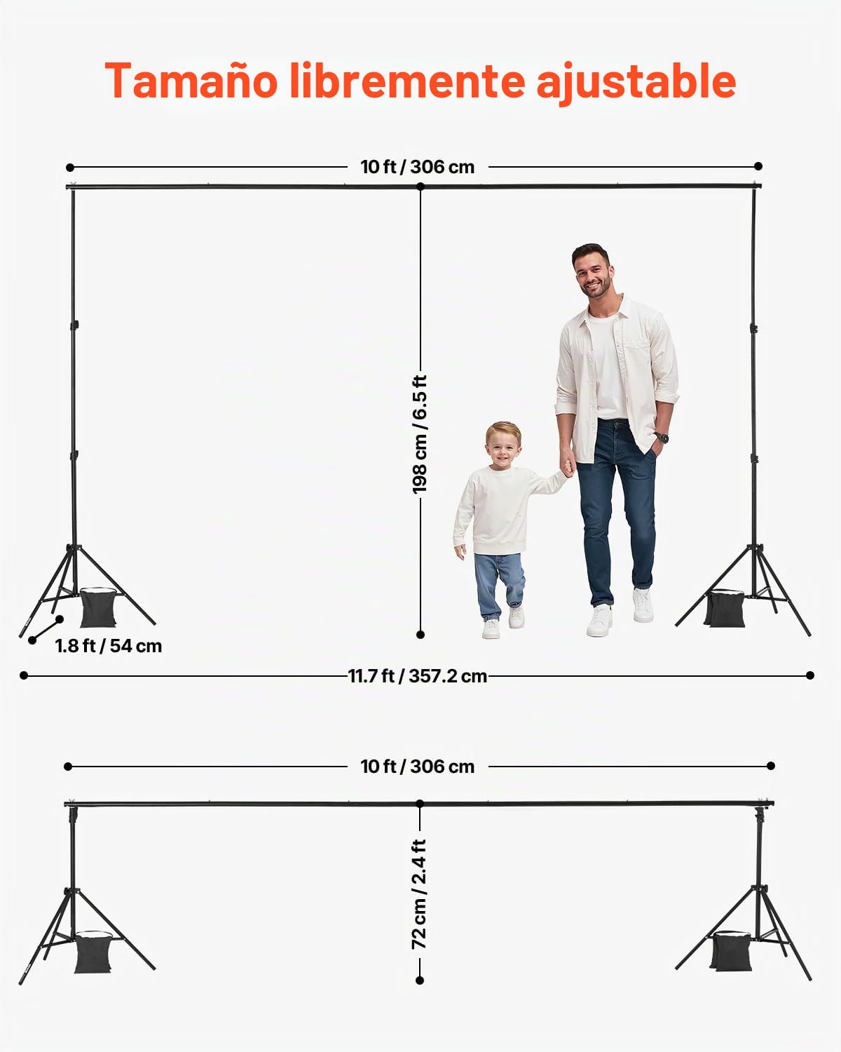 VEVOR Soporte de Fondo Ajustable para Tela de Fondo de hasta 198 x 300 cm, Soporte Portátil de Altura Ajustable de 72-198 cm con 5 Varillas para Fotografía Familiar, Estudio de Fotografía, Negro