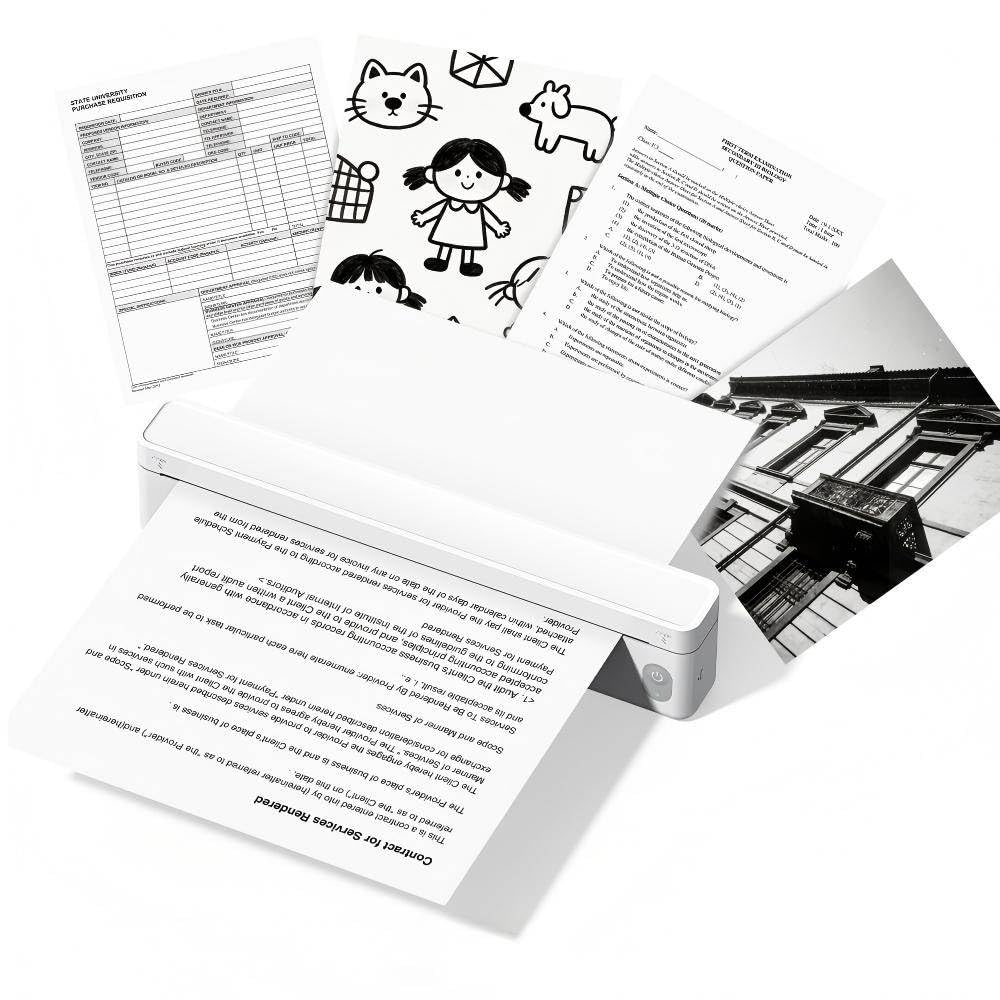 CHIVALZ A10 Portable Thermal Printer, Wireless Mobile Printer, for Home Office Travel, Compatible with Smartphone Laptop.Includes 10 Sheets of Thermal Paper.White/Black