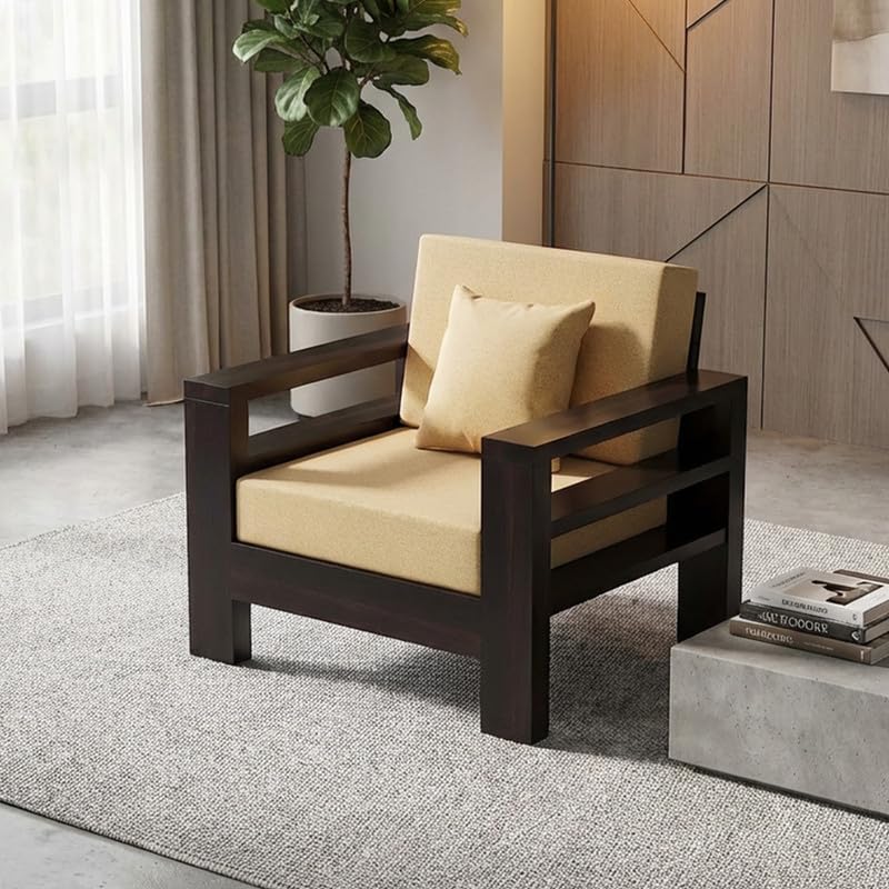 Image of Solid Sheesham Wood 1 Seater Sofa Set | Multipurpose Wooden Single Seater Lounge Sofa Set Furniture for Living Room, Home and Office (Walnut Finish)
