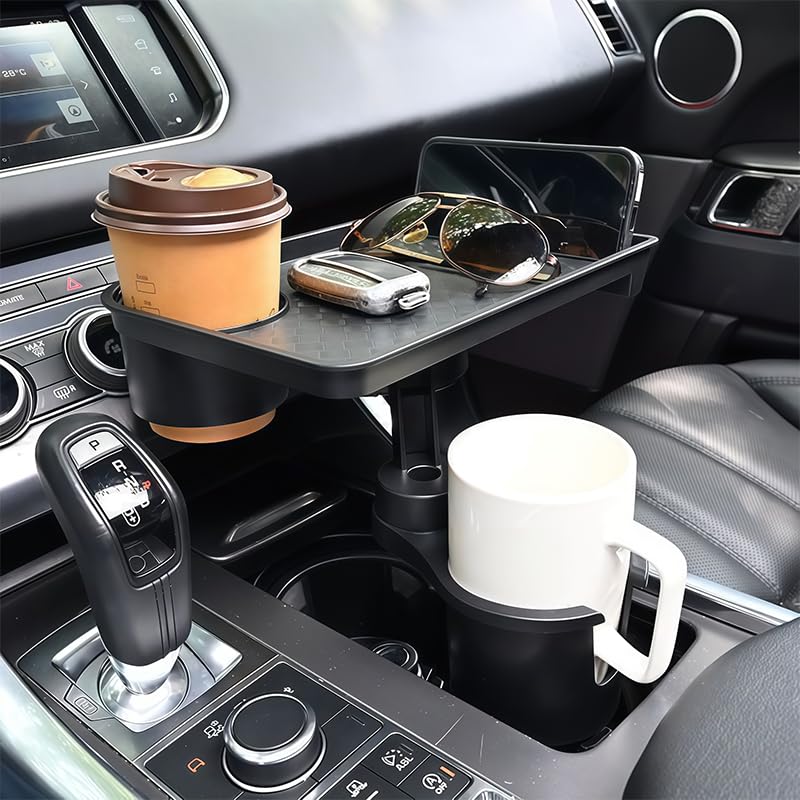 Auto Getränkehalter Tablett für Cupra Tavascan 2024-2026, Beifahrer Essen Tisch mit Tassenhalter, 360° Drehbarer Organizer KFZ Zubehör für Mittelkonsole Ablage,Black