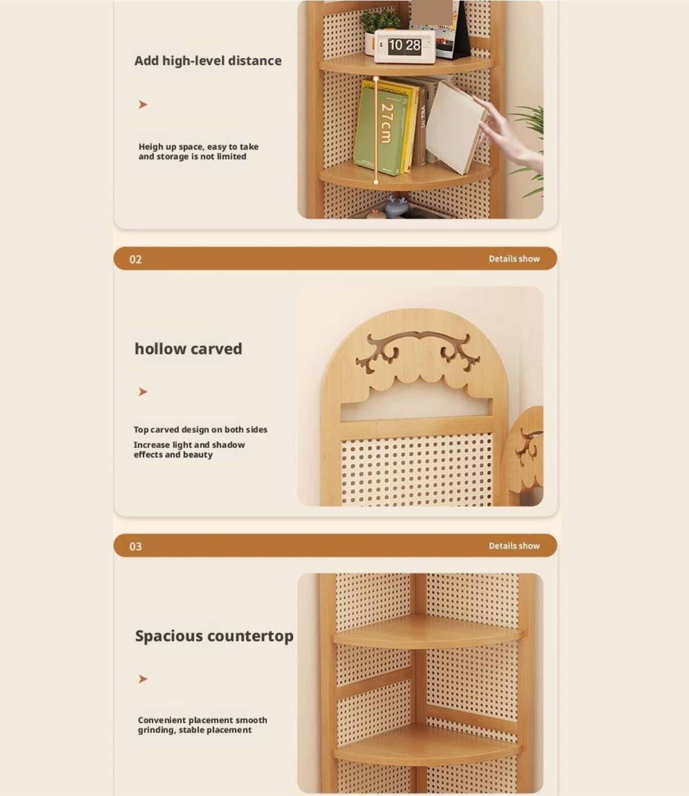 Eckschrank Eckregal Retro Eckregal Wohnzimmer Bücherregal Lagerung Home Dekoration platzsparend(Brown)