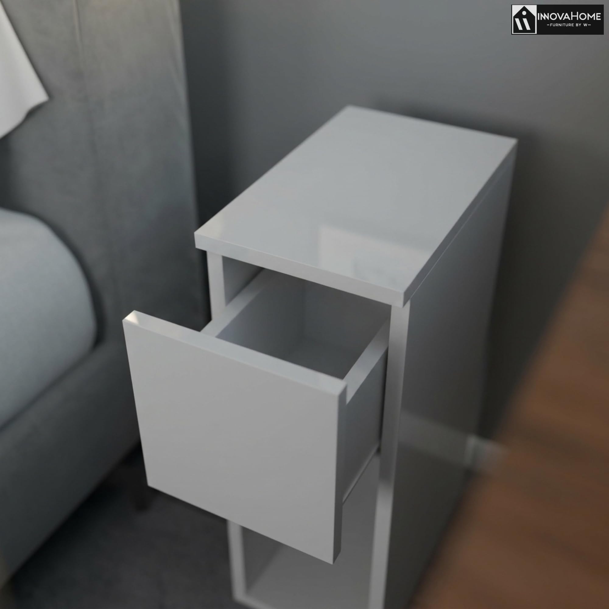INNOVAHOME Nachttisch Schmal, Weiß Hochglanz, 20cm | Platzsparend, Tiefe 25cm Schublade, Beistelltisch für kleine Räume, Made in EU