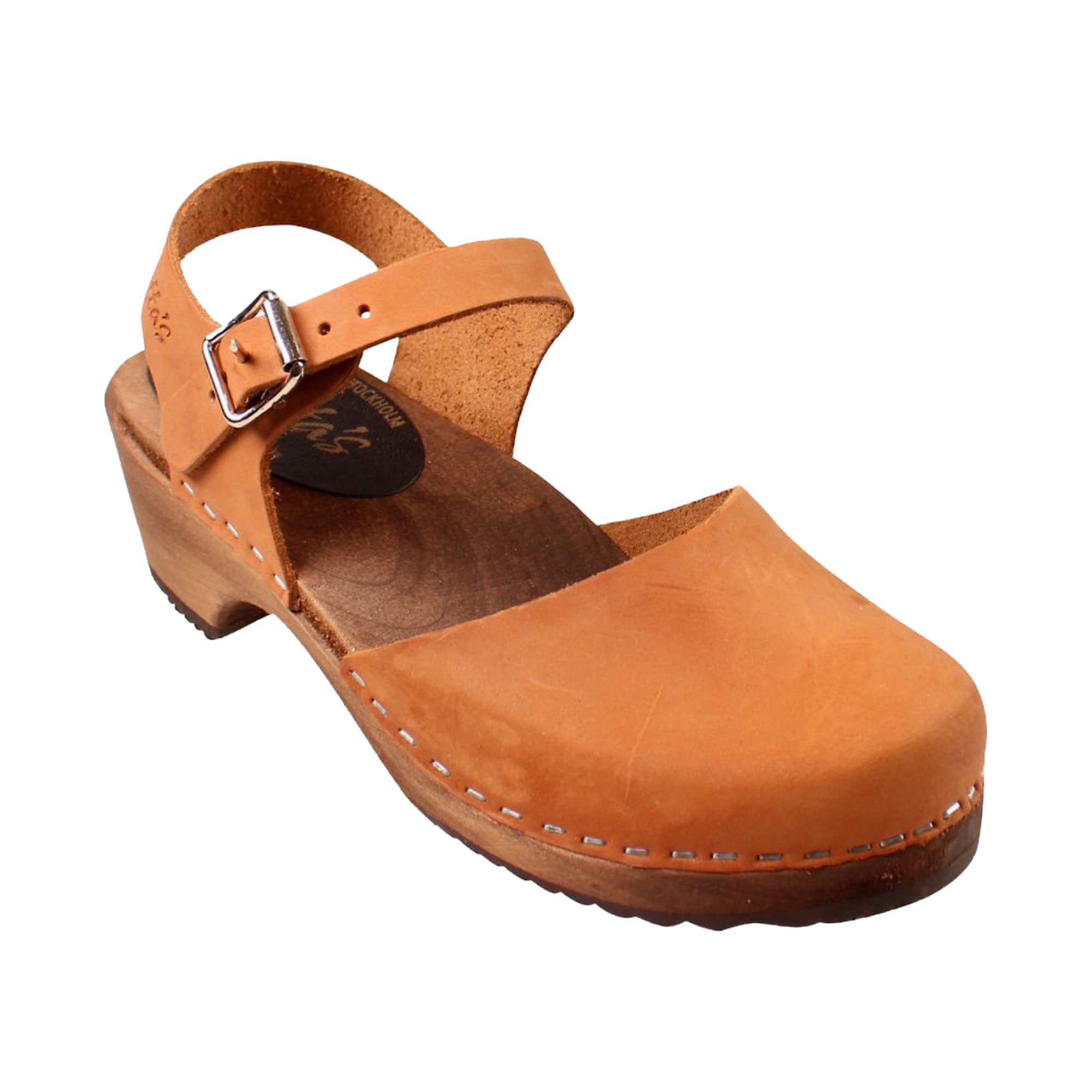 Lotta From StockholmSwedish Low Wood Clog Sandal for Women | Low Heel Mary Jane Style Wooden Clogs Handcrafted in Sweden | Alder Wood Base and Oiled Nubuck Leather | Brown
