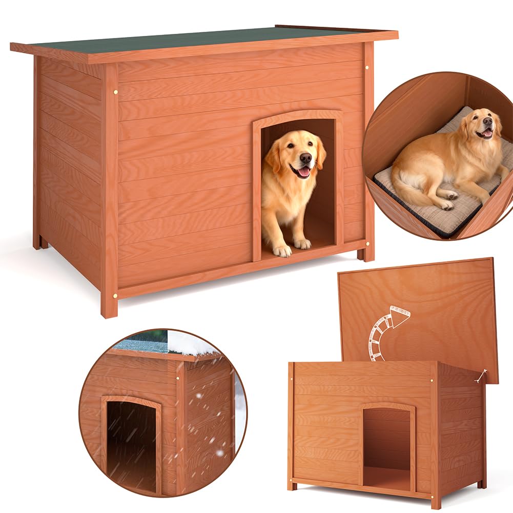 BAKAJI Cuccia per Animali Domestici in Legno, Casetta per Cani e Gatti con Tetto Apribile, Casa da Esterno ed Interno Resistente Intemperie e Agenti Atmosferici con Tettoia Asfaltata, 116 x 79 x 81 cm