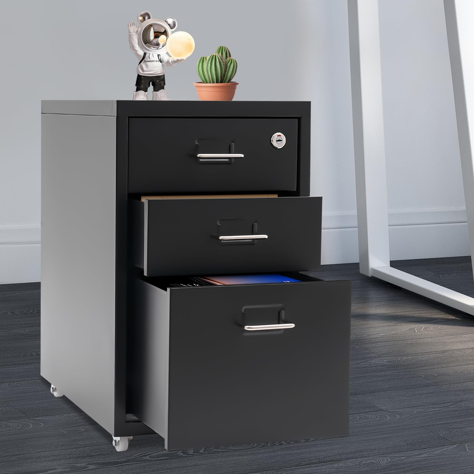 Cómoda archivador de metal con 3 cajones, armario de oficina con ruedas, armario de almacenamiento, para salón, dormitorio, estudio, 28 x 41 x 46,5 cm, color negro