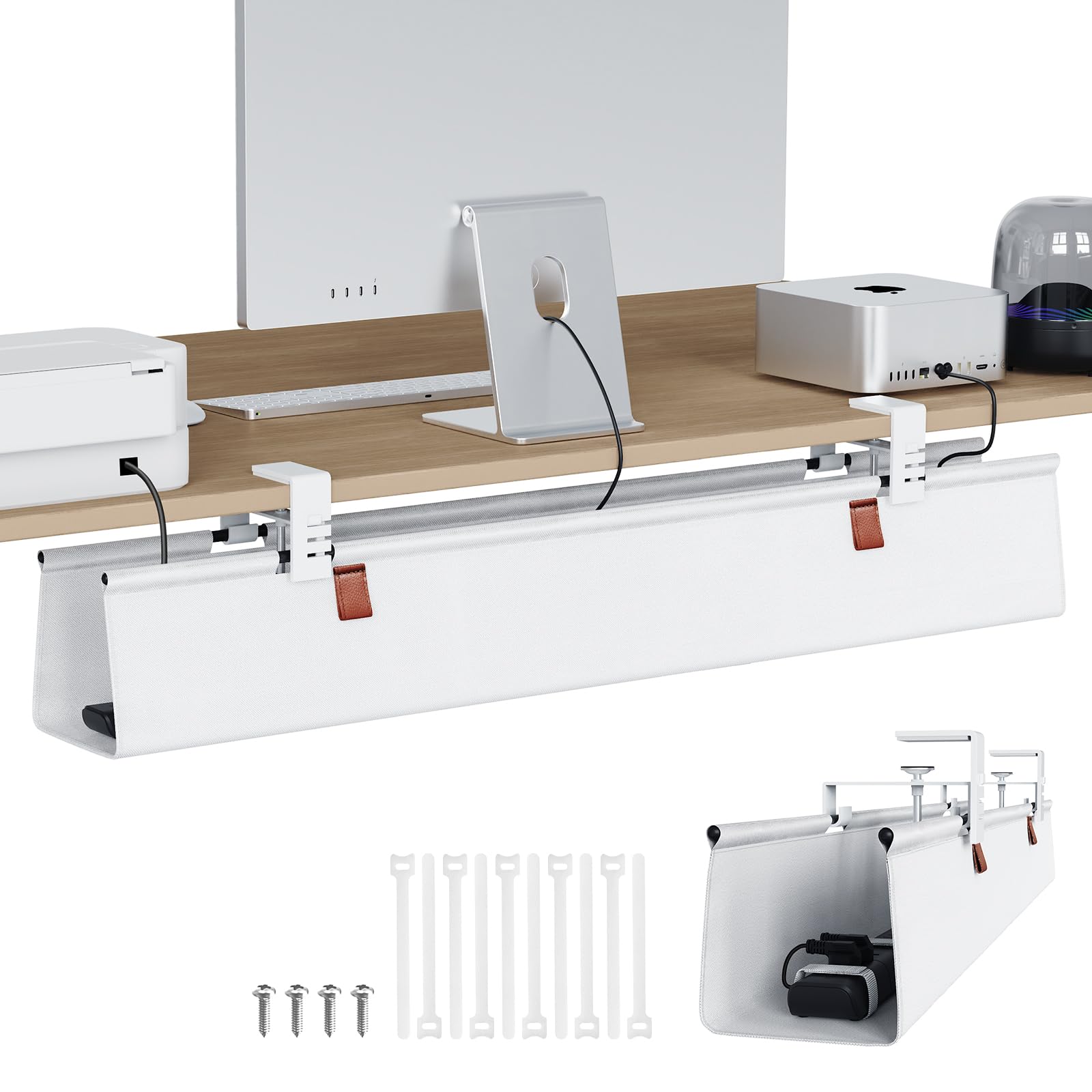 KEEGH Kabelkanal Schreibtisch Ohne Bohren, 100cm Unter dem Kabelmanagement Schreibtisch - Klemmen/Schraubmontage, Stoff-Kabelkanal für Gaming-PCs und Kabelverstecker für Büro & Zuhause, Weiß