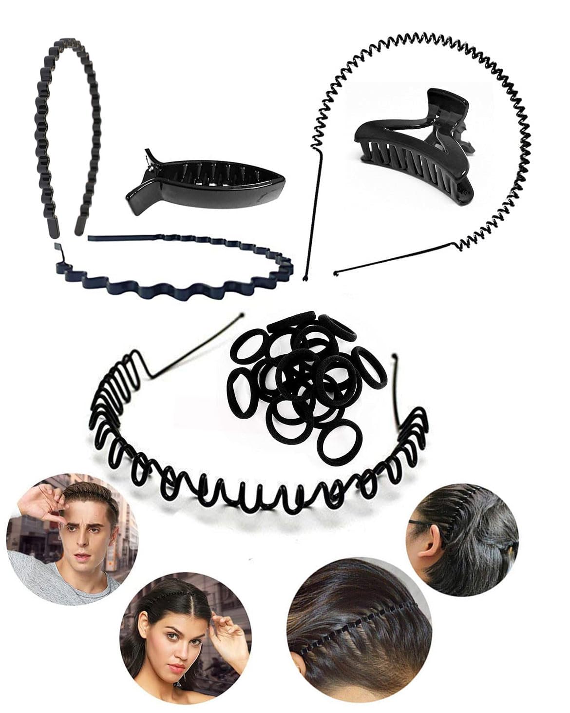 BHARATGAURAV Plastic and Metal Black Flexible Metal Wavy and Spring Band Hair Hoop Hairband Rubber Band and Clips Claw for Men and Women (Pack of 17)-image-27