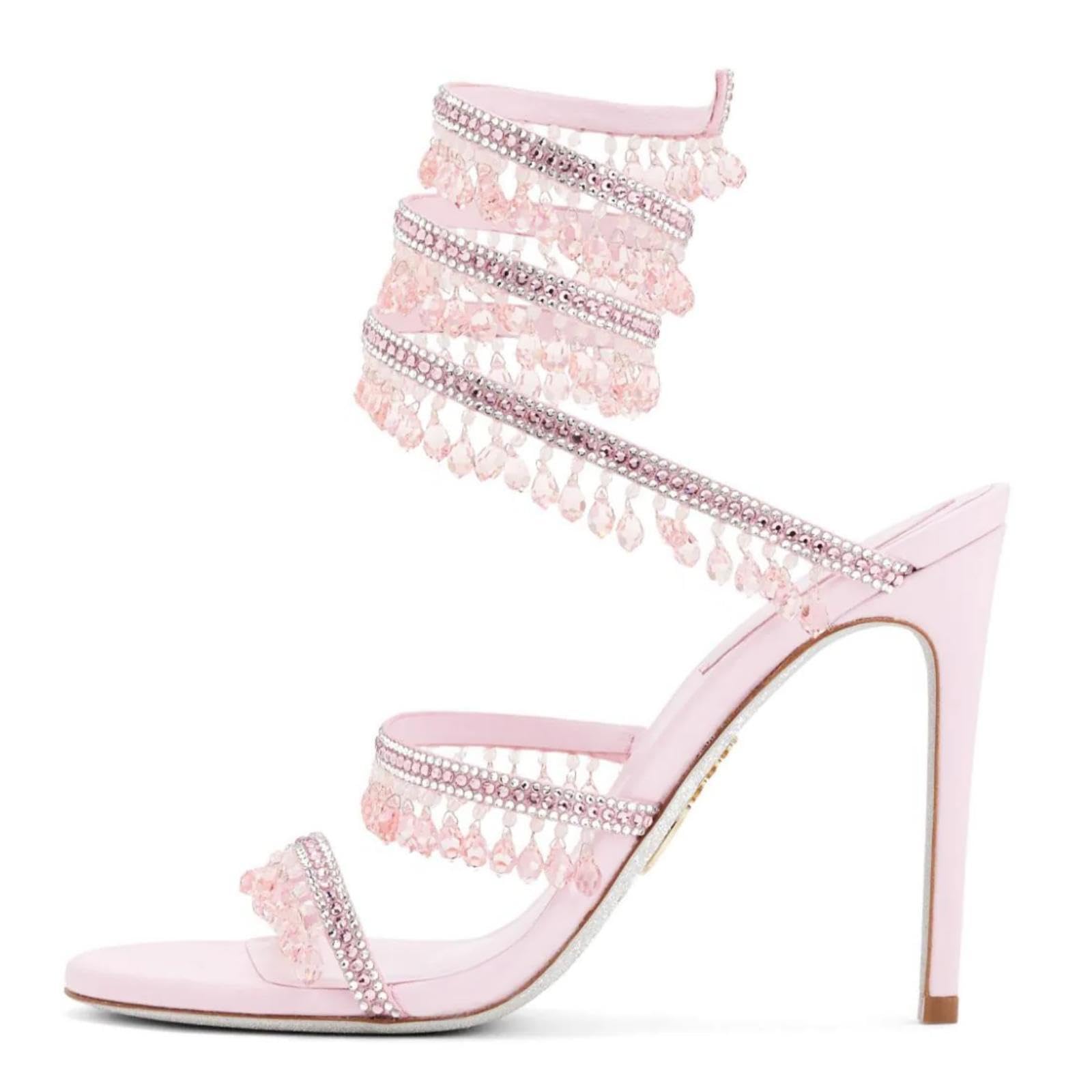 Rhinestone Tassel Wrap Around High Heels Stiletto Sandals for Women, Women's Colorful Diamonds Twist Around Open Round Toe Lace up Heeled Sandals Date