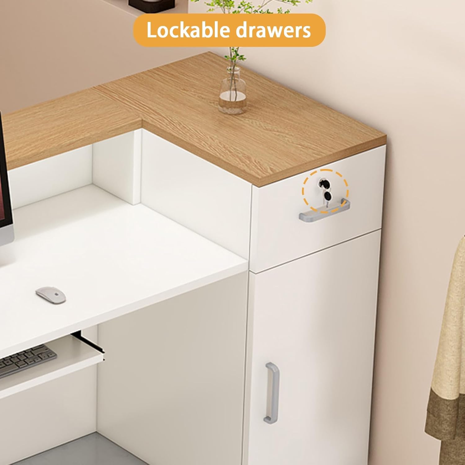 Reception Desk with Counter, Modern Front Counter Desk, L-Shaped Reception Room Table, Retail Checkout Counter, Lockable Drawers, for Lobbies, Salons, Retail(Gray-Left,100cm/39.3in)