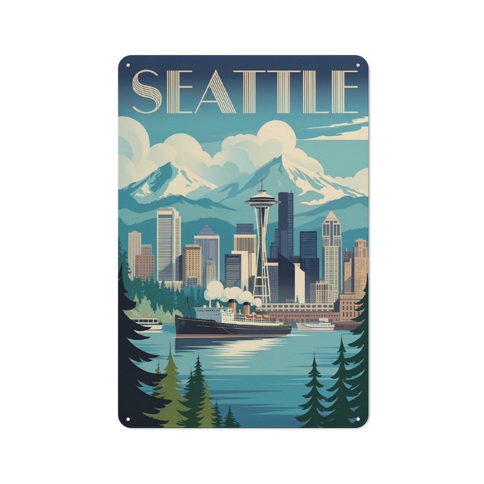 Junmoney Style-23 Metal Wall Sign 30X20cm Featuring Seattle Cityscape Travel (2) For Café Or Home Bar, For Collectors Decorating Cafés And Home Bars