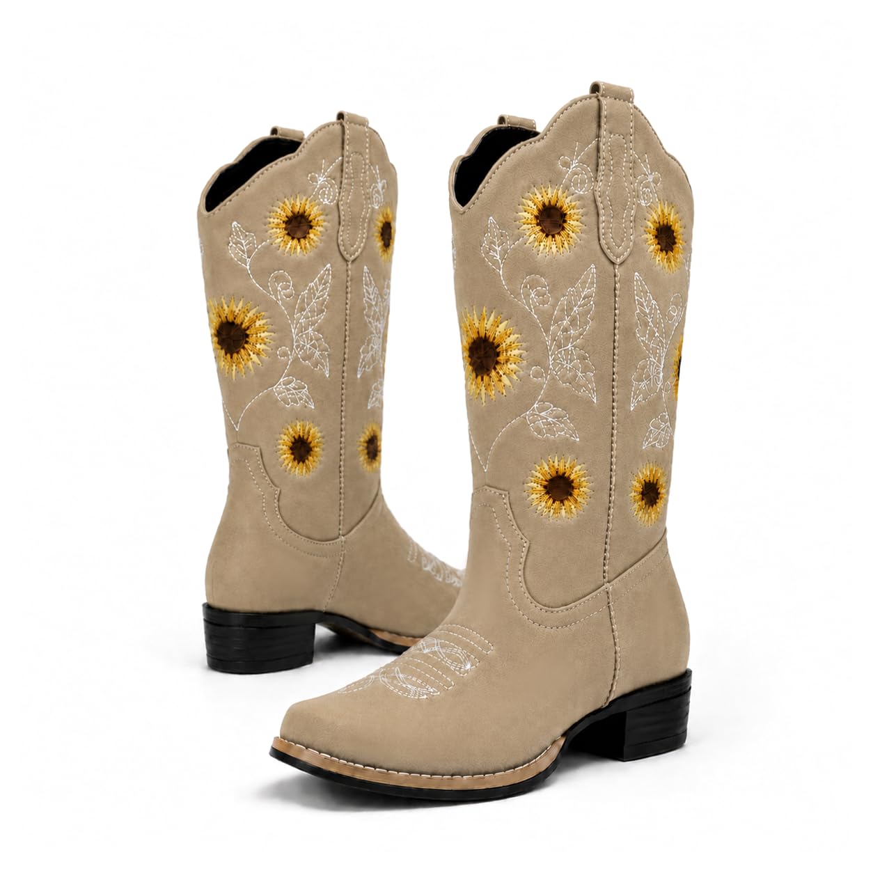 Women's Sunflower Cowboy Boots Cowgirl Square Toe Mid Calf Low Heel