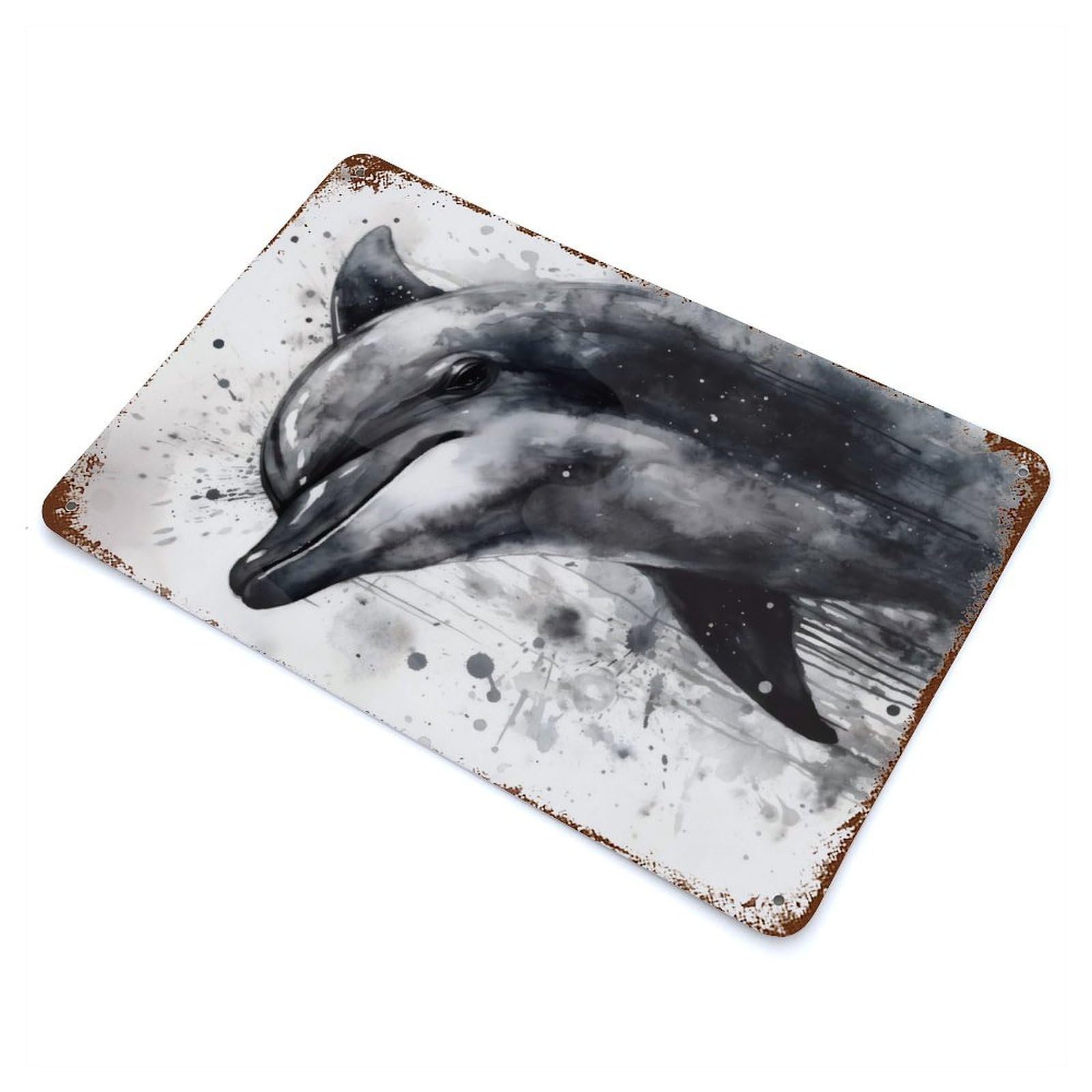 Dolphin Beauty Watercolor Vintage Wall Sign 11.8"x7.9", Rust Effect Metal Decor for Farmhouse, Kitchen And Entryway Decor