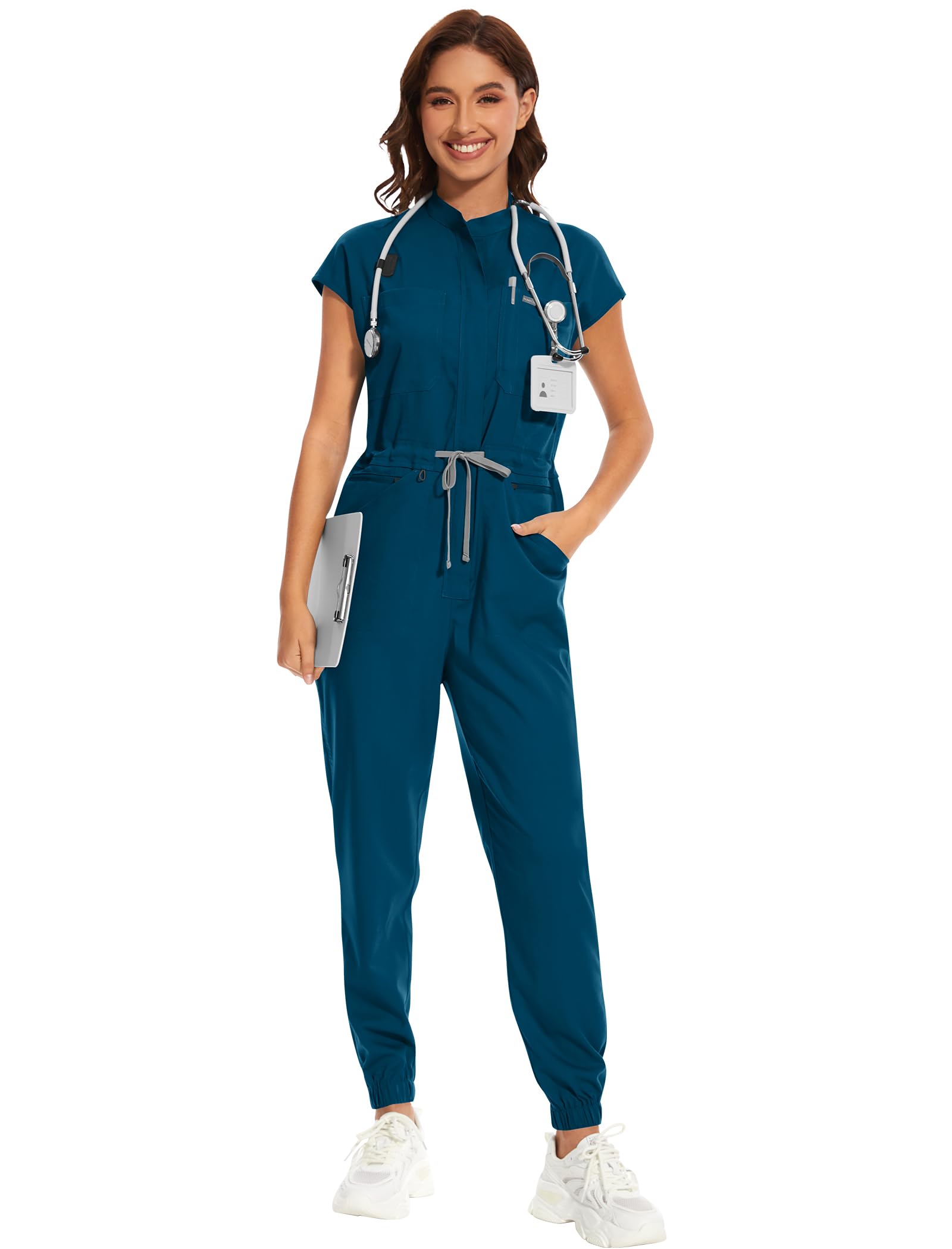 niaahinn Women's Medical Scrub Set - Comfortable Jumpsuit & Soft Stretch Jogger (Caribbean Blue, S)