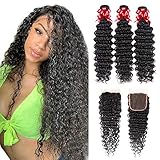 Brazilian Virgin Human Hair Deep Wave Bundles with Closure Curly Weave Bundles with 4x4 Lace Closure 100% Unprocessed Deep Curly Hair and Lace Closure Human Hair Extensions(20 22 24+18)