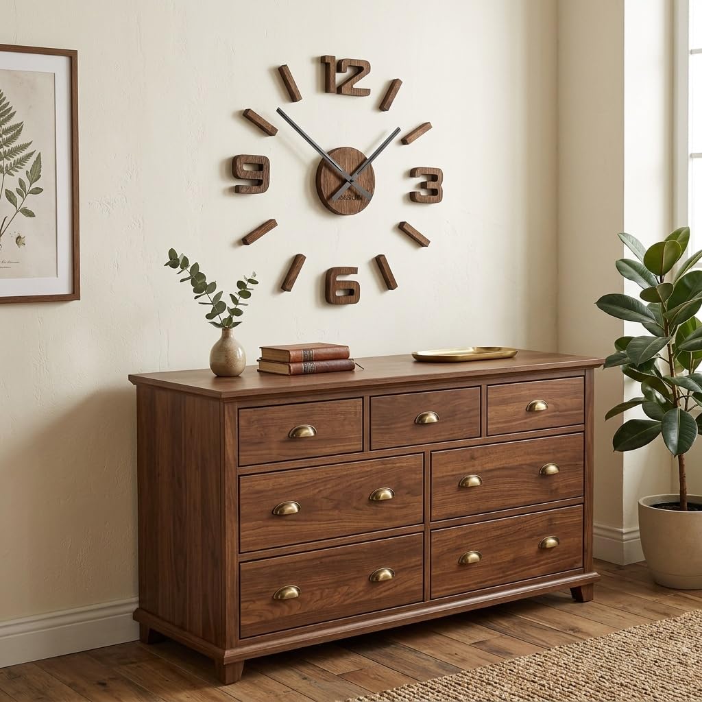3D Wanduhren DIY Holz Eiche große Wanduhr 50-75CM 3D Wanduhr Modern Design EKO Wanduhren Wandtattoo Dekoration Uhren für Büro Wohnzimmer Schlafzimmer Dekoartikel Quarzuhr (Eiche, Braun)