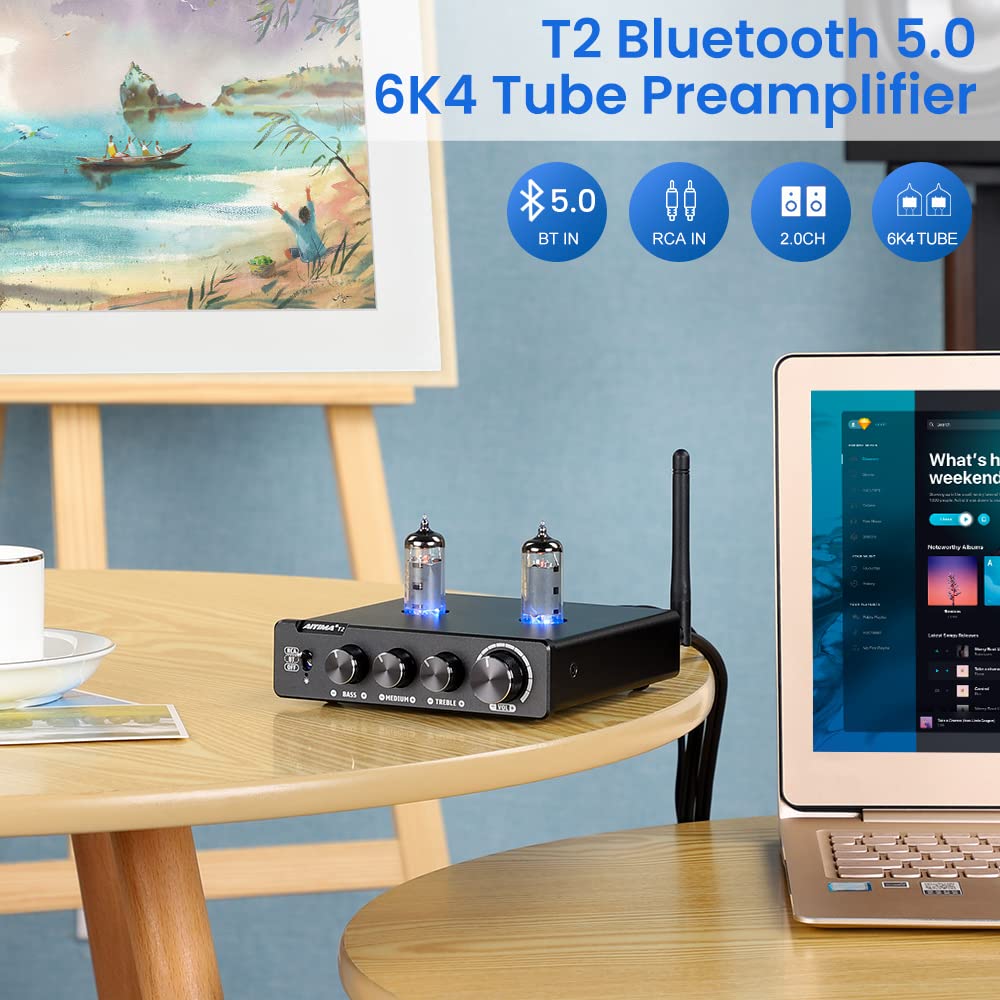 AIYIMA T2 6K4 - Preamplificador de tubo biliar al vacío Bluetooth 5.0 QCC3034 estéreo HiFi Preamplificador Aptx Preamplificador con alto sonido de bajo midio para altavoces activos de audio en casa