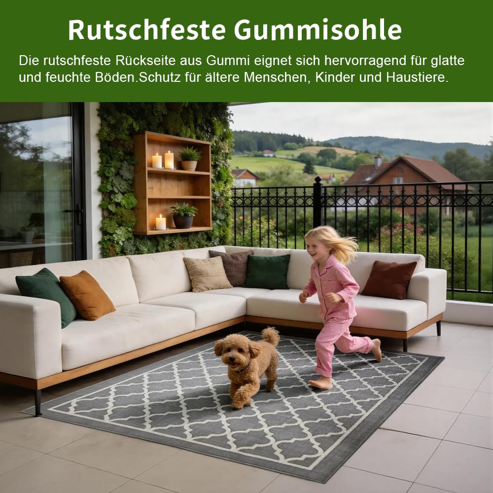 Outdoor Teppich Wetterfest 160x230 cm, Frühling Camping Teppich, Wasserdicht Balkon Terrasse Matte Rug Carpet für Garten Patio RV Picknick, Rug UV-Beständig Waschbar Tragbar, Graue Gitter