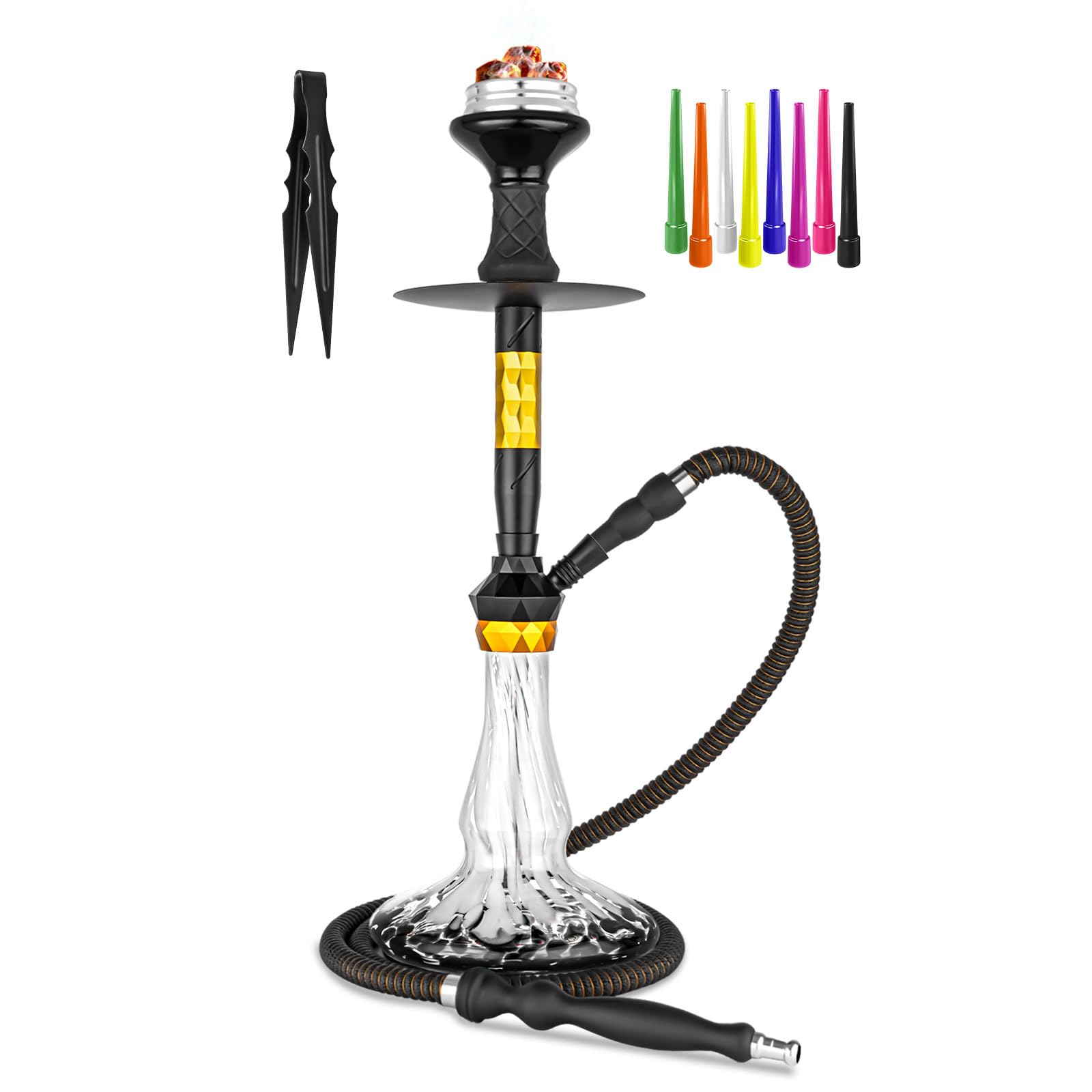 22 Hookah Set With Everything - Modern Colored Glass Vase Ceramic Bowl HMD Heavy Duty Coal Tongs Leather