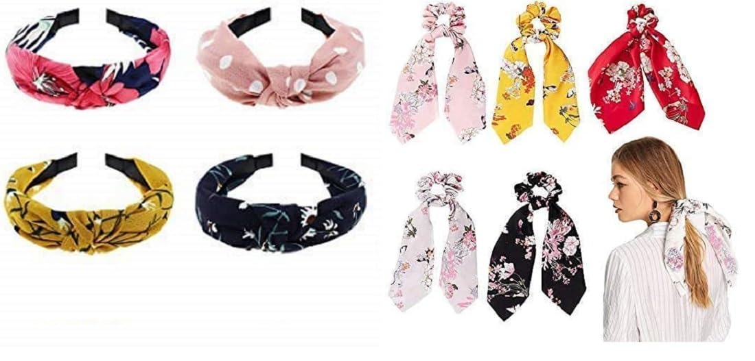 Scrunchies Women Hair Ribbon Scrunchies Ties Satin Floral Scarf Chiffon Hair Bands crunchies With Head Band Combo (4Pc Nut 5Pc Crunchy)-image-13