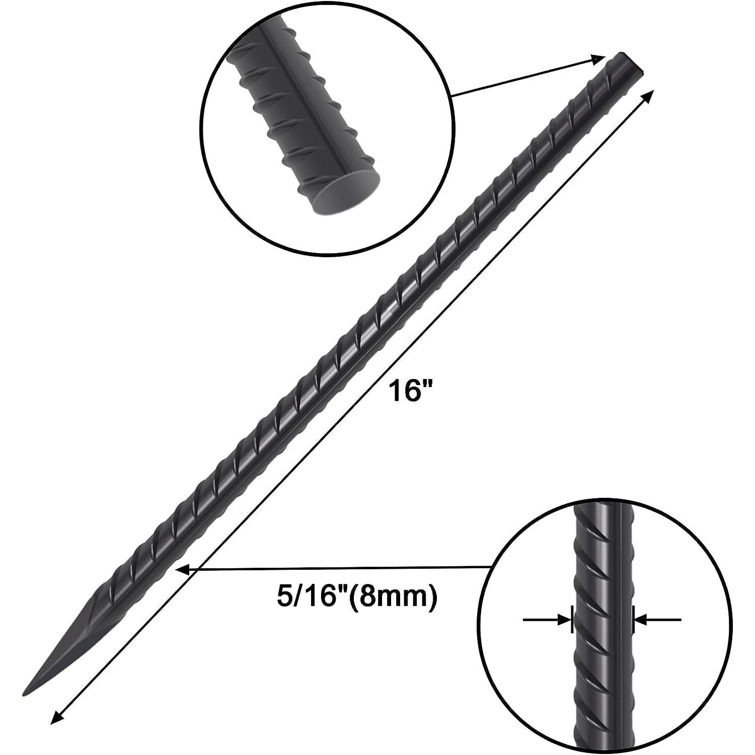 VVOKGO Rebar Stakes 16 Inches Rebar Stakes (12pcs) Ground Anchors Steel Plant Support Garden Stake Metal Straight Camping Spikes with Chisel Point End, Black