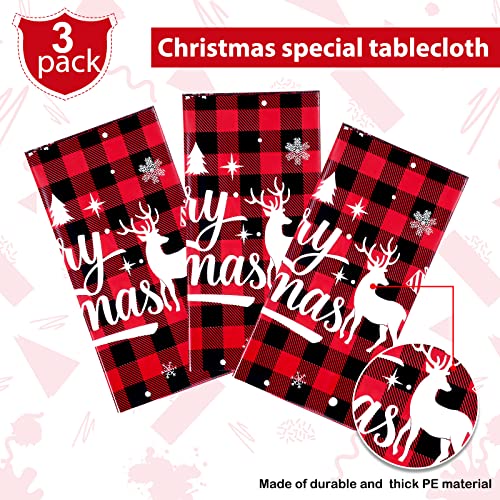 Irenare 3 Pcs Christmas Tablecloth Red and Black Buffalo Plaid Table Cover Merry Christmas Plastic Disposable Snowflake Elk Gingham Table Cloth for Xmas Winter Holiday Party Supplies,54 x 108 Inch – Image 4