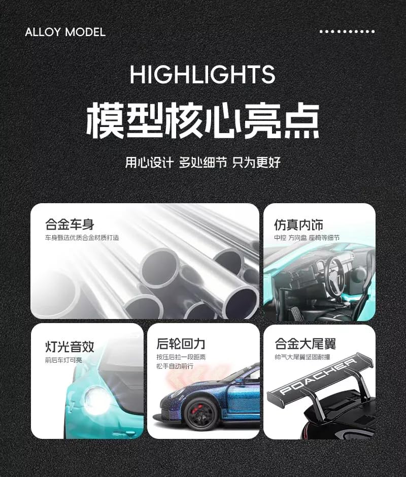 Image of 1:32 Porsche 911 GT3 RS Diecast Model Pull Back Toy Car with Sound & Light Openable Doors Miniature Racing Car for Kids & Collectors Gift for Boys & Adults (Green)