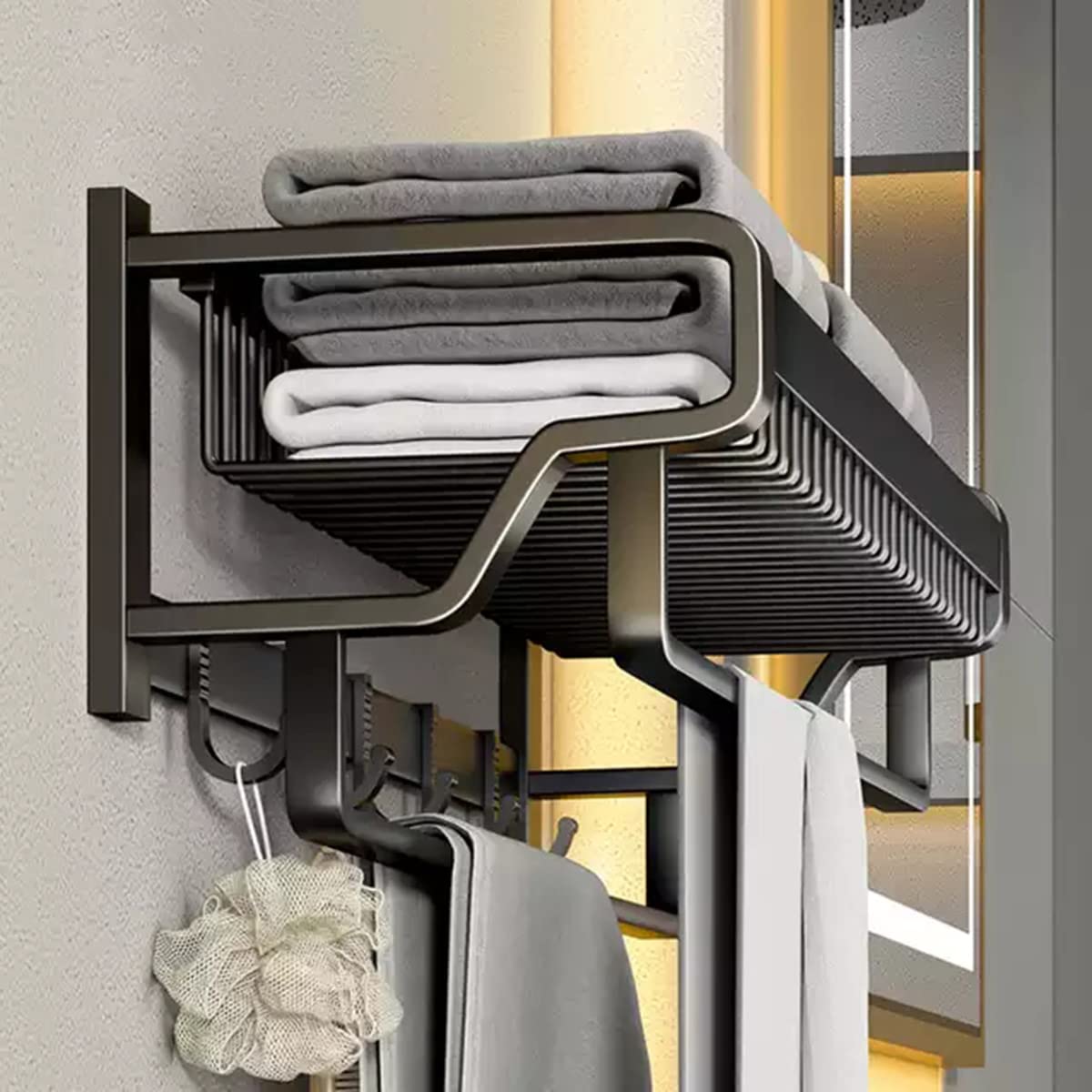 Toalleros de BañO Aluminio Acero Inoxidable Negro Mate Toallero de Pared con Estante Adhesivo Doble Barra Estante de Toalla de Pared Accesorios Sin Taladro