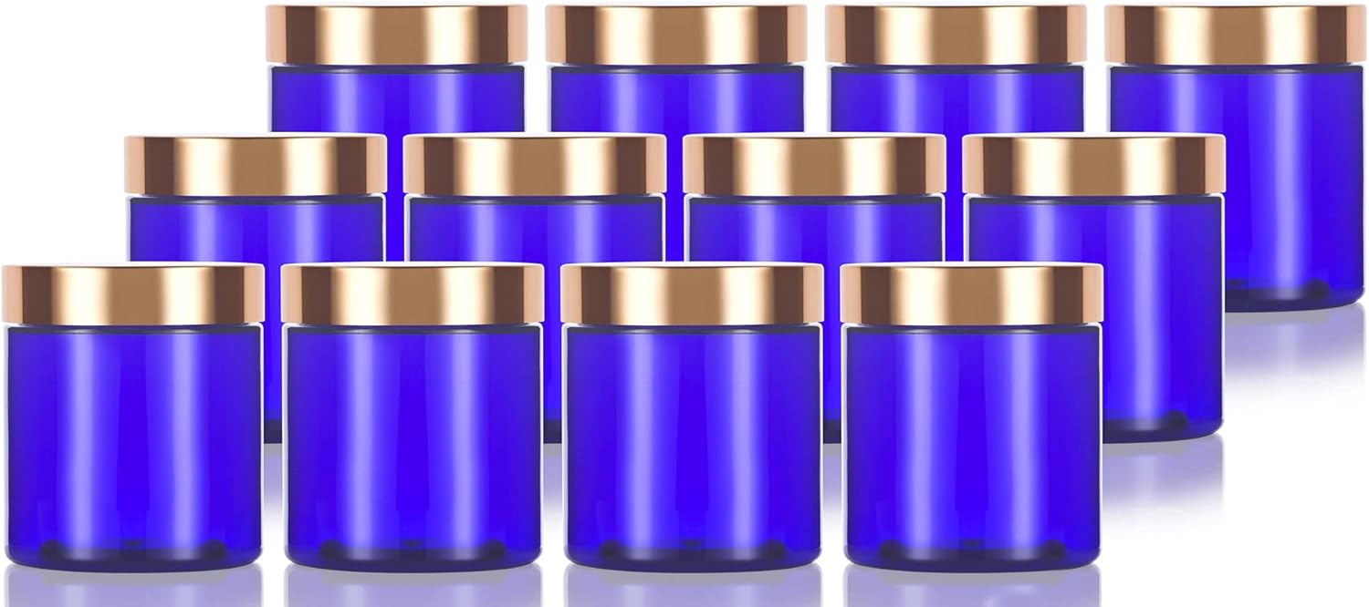JUVITUS 8 oz Cobalt Blue Plastic Jar with Gold Metal Overshell Lid (12 Pack)