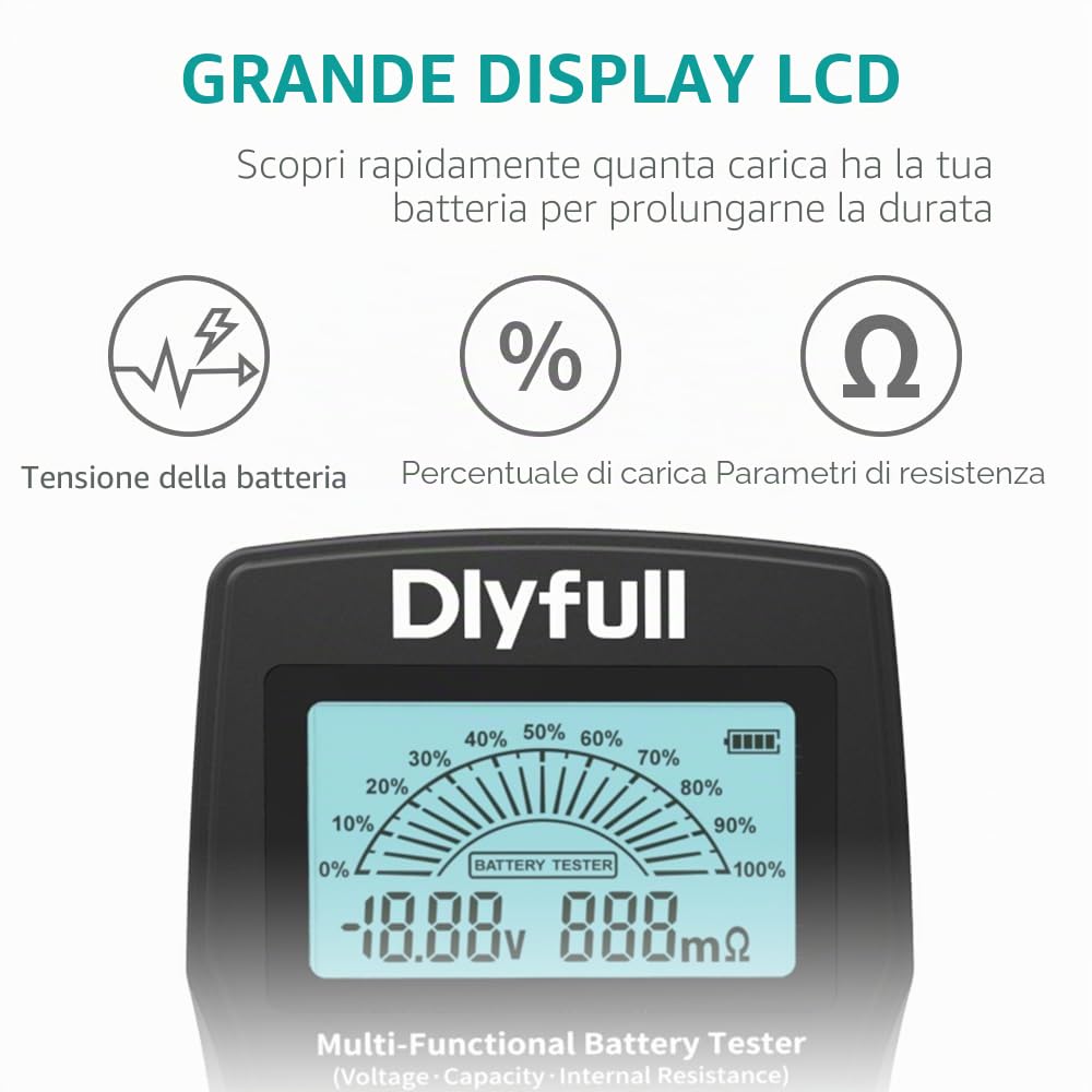 Dlyfull Tester Batterie Stilo Universale per AA AAA C D 9V Ricaricabili e Non Ricaricabili Volt Resistenza Interna Checker