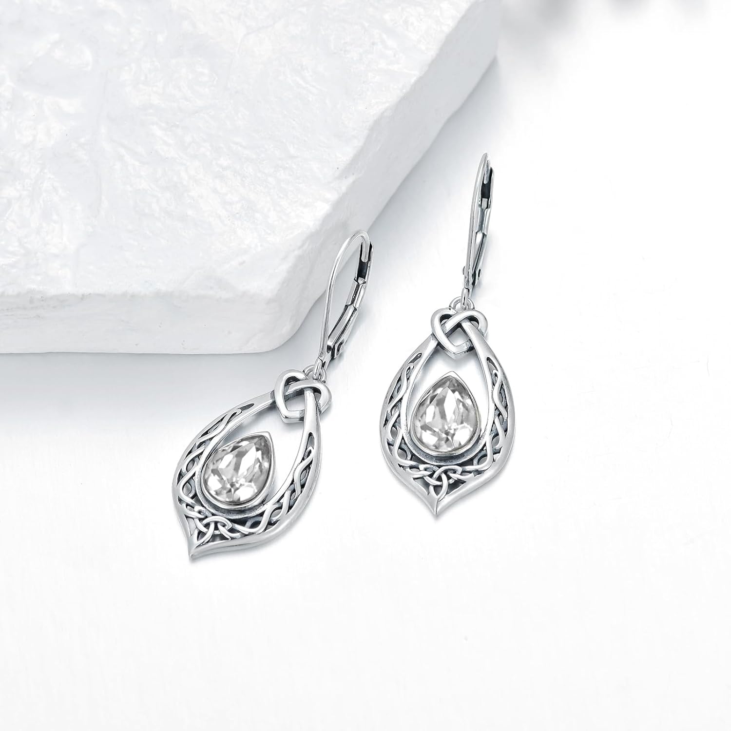 Celtic Knot Dangle Earrings 925 Sterling Silver Oxidized Vintage Drop Leverback Earrings with 8 * 6mm Simulated Birthstone Crystal Christmas Jewelry Gifts for Women (Gift Box) - Image 5