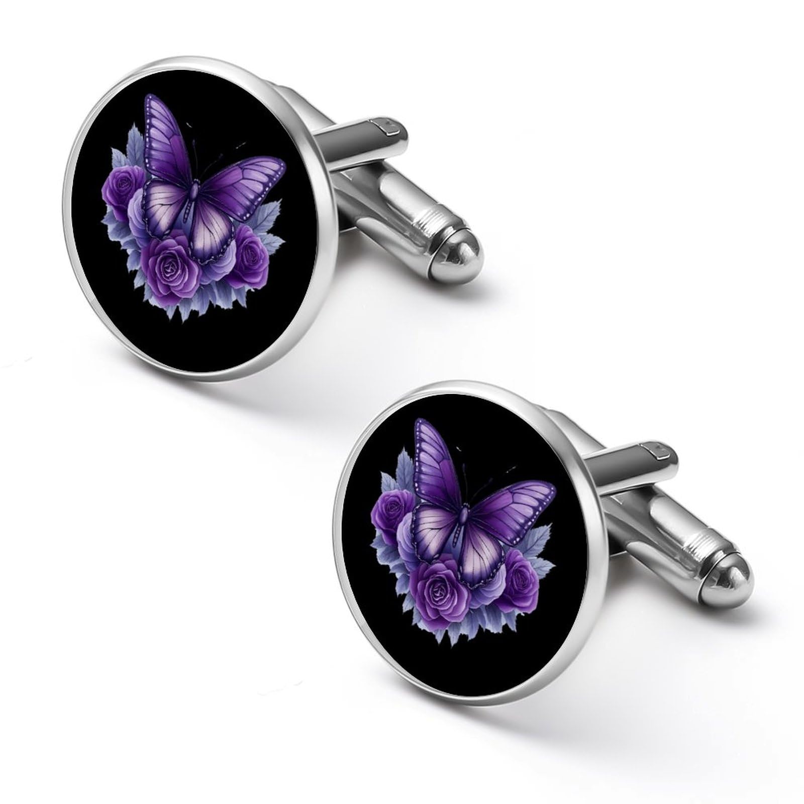 Beautiful Butterfly Purple Rose Shirt Cufflinks Round Cuff Links for Business Wedding Party Father's Day Gift