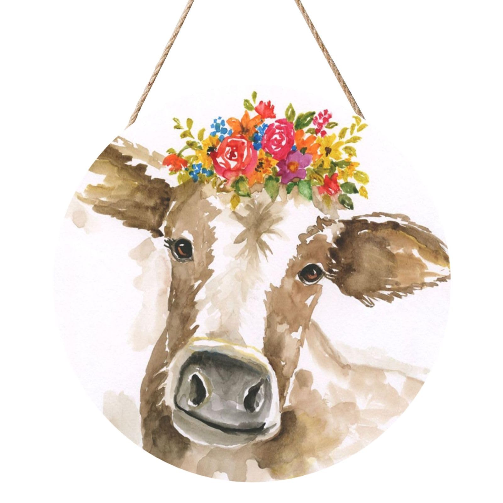 InOmak Cute Watercolor Cow, Round Wood Panel Painting 12 in, Wall Hanging Painting For Home