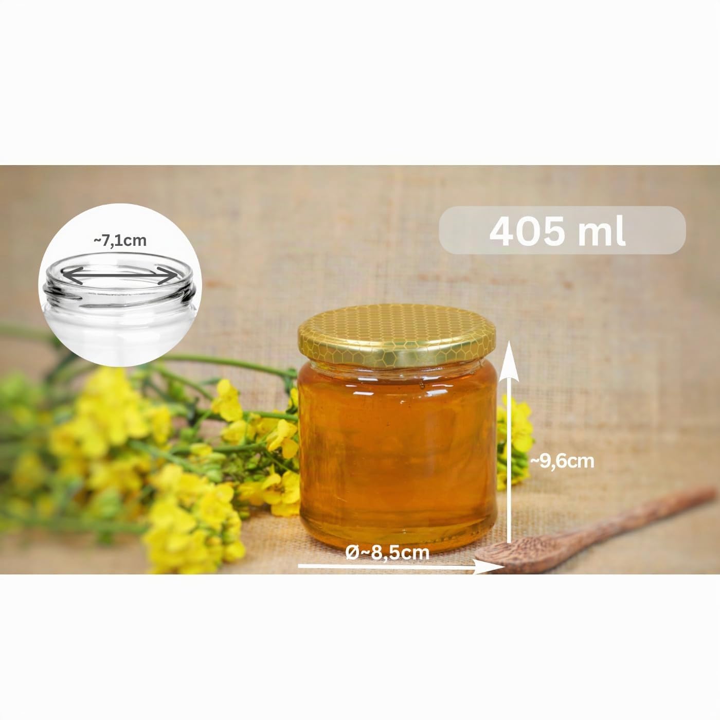 gouveo Lot de 48 Pots à Confiture 500g «Miel» avec Couvercle à Vis Nid d'Abeille - Pots de Conservation avec Bouchon à Vis TO82 - Pots de Conservation Vides, Pots (HGTO500BW)
