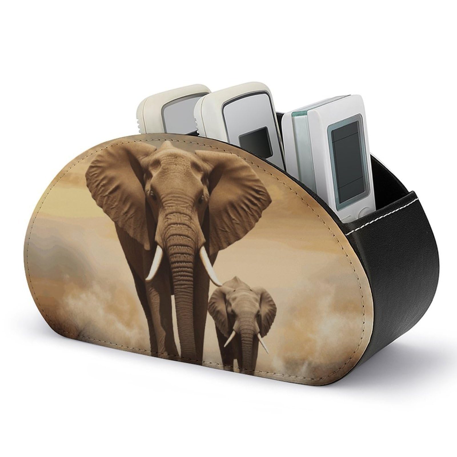 VstaDank Elephant And Baby Elephant Remote Control Holder with 5 Compartments PU Leather Remote Caddy Desktop Organizer Store TV Remote Control Storage Box for Home Office Desk Nightstand