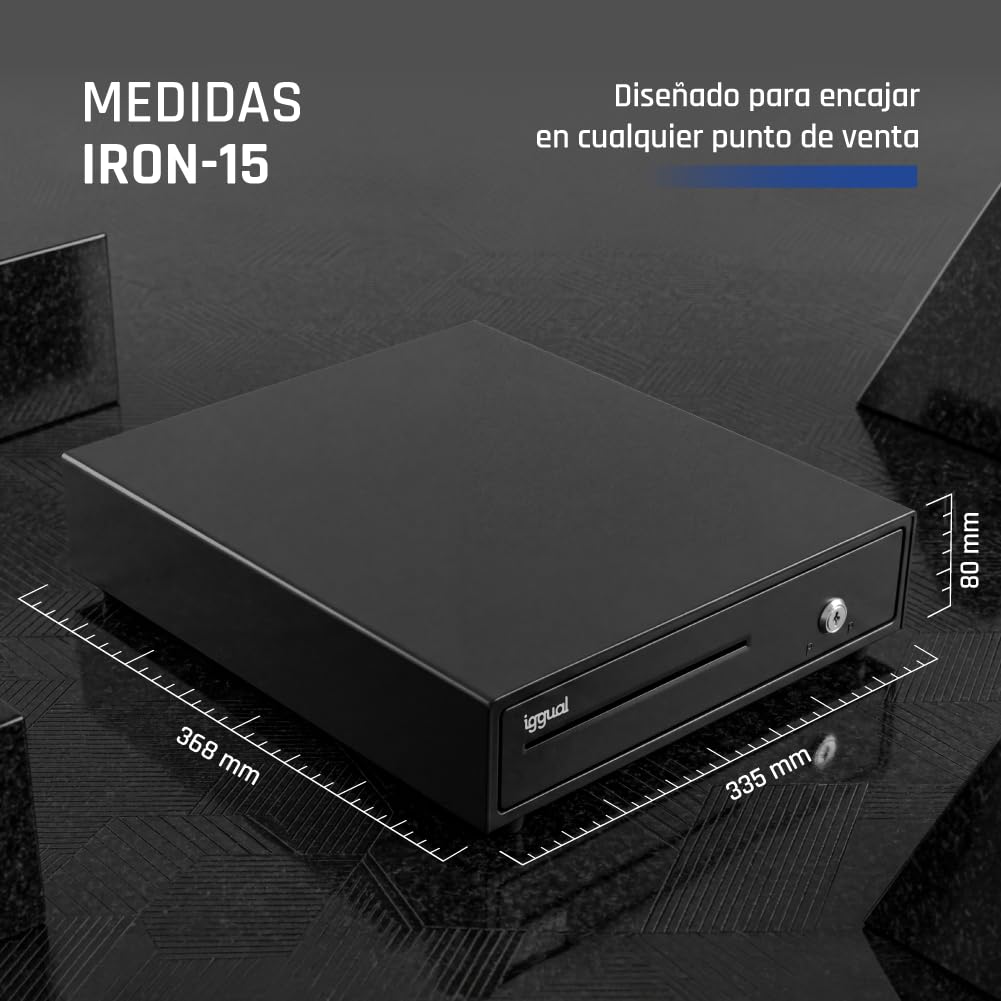 iggual – Tiroir-caisse IRON-15 - Caisse Enregistreuse Manuelle ou Automatique pour 4 Billets et 8 Pièces - Serrure à 3 Positions - Matériau Acier + Plastique - Usage Professionnel - Noir (37x33,5x8)