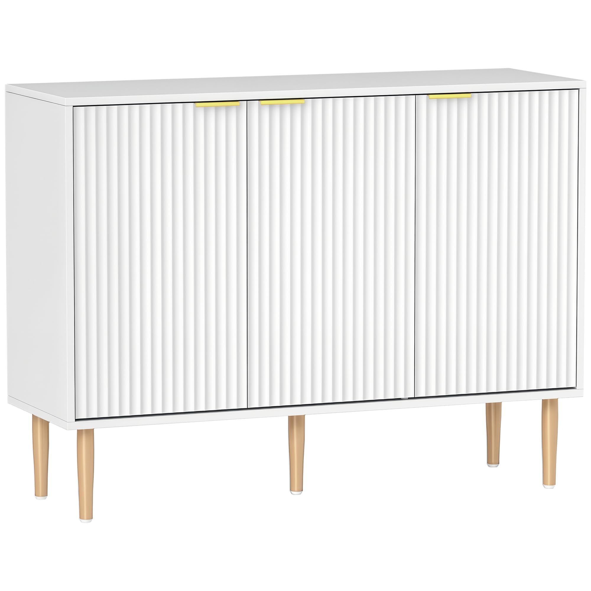 HOMCOM Aparador de 3 Puertas Acanaladas de Salón 107x35x80 cm Blanco | Estante Ajustable, Mueble para TV, Dormitorio, Sala de Estar