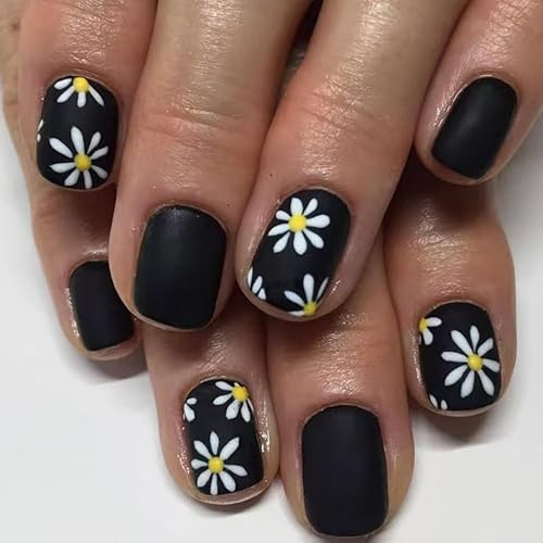 Black Press on Nails Short Square Stick on Nails with
