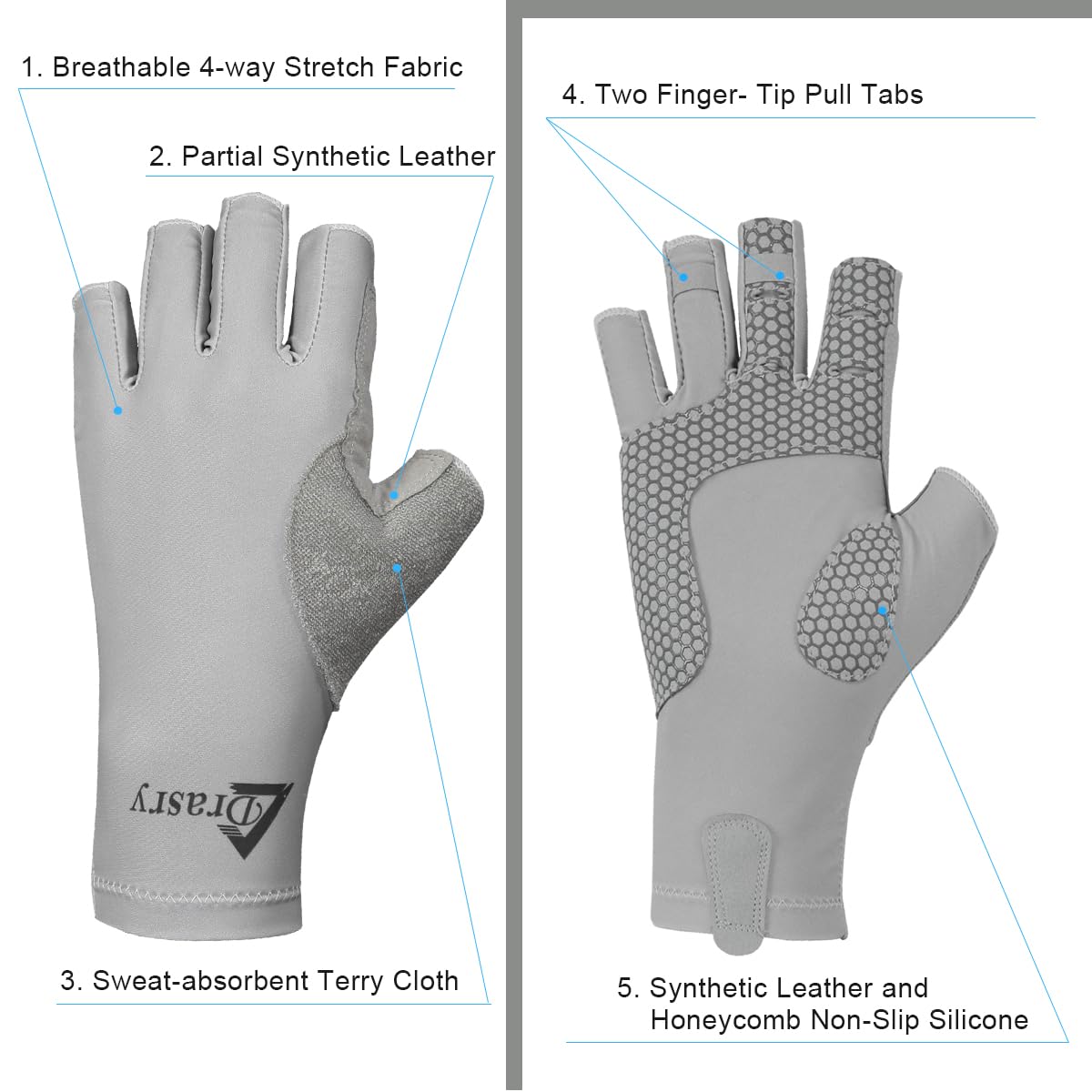 Drasry Guantes de pesca sin dedos con protección UV, para hombres y mujeres, UPF 50+, guantes para pesca, kayak, remo, senderismo, vela, remo, sol
