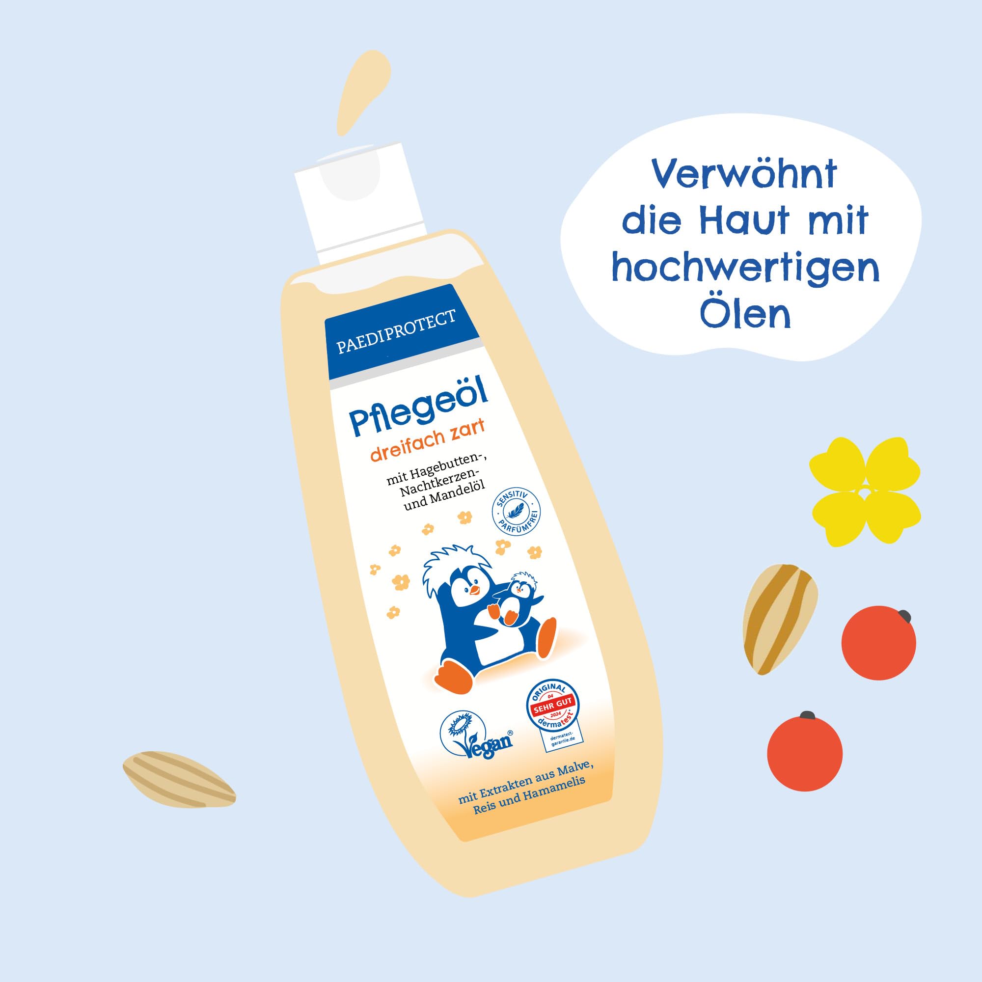 PAEDIPROTECT Olio per la cura di neonati e bambini 200 ml, olio per bambini con olio di mandorle per pelli giovani, olio per il corpo per la cura delicata della pelle e pulizia nella zona del