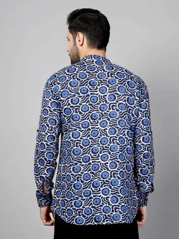 Image of Vastraa Fusion Men's Handloom Weaving Pure Cotton Short Kurta, Round Collar, Full Sleeves,Button Kurta, Ethnic Wear