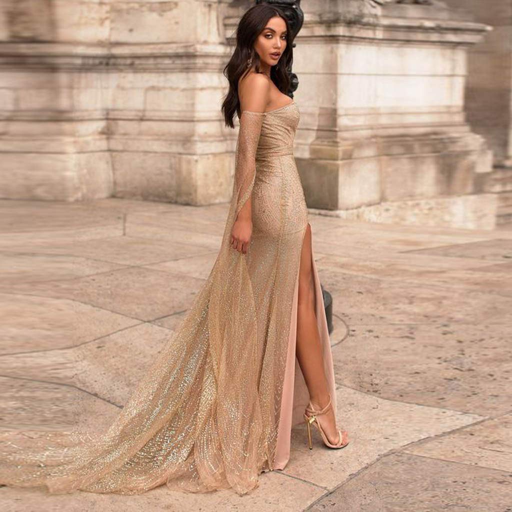 Long Sleeves Champagne Prom Dress 