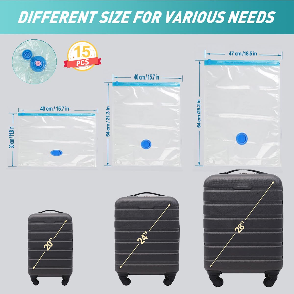 Confezione da 15 sacchetti sottovuoto da viaggio per bagagli, sacchetti salvaspazio riutilizzabili per l'organizzazione di vestiti e abbigliamento, 4 (64 x 47 cm) 3 (54 x 40 cm) 8 (40 x 30 cm) - 3