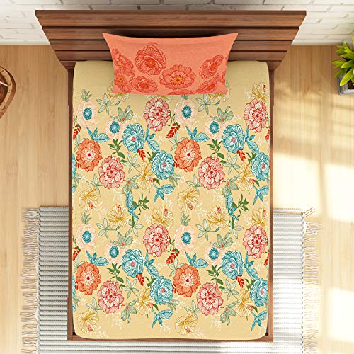 Image of Spaces Atrium Plus 210 TC 100% Cotton Single Bedsheet with 1 Pillow Cover (Floral, 60 inch X 88 inch Inches) - Beige