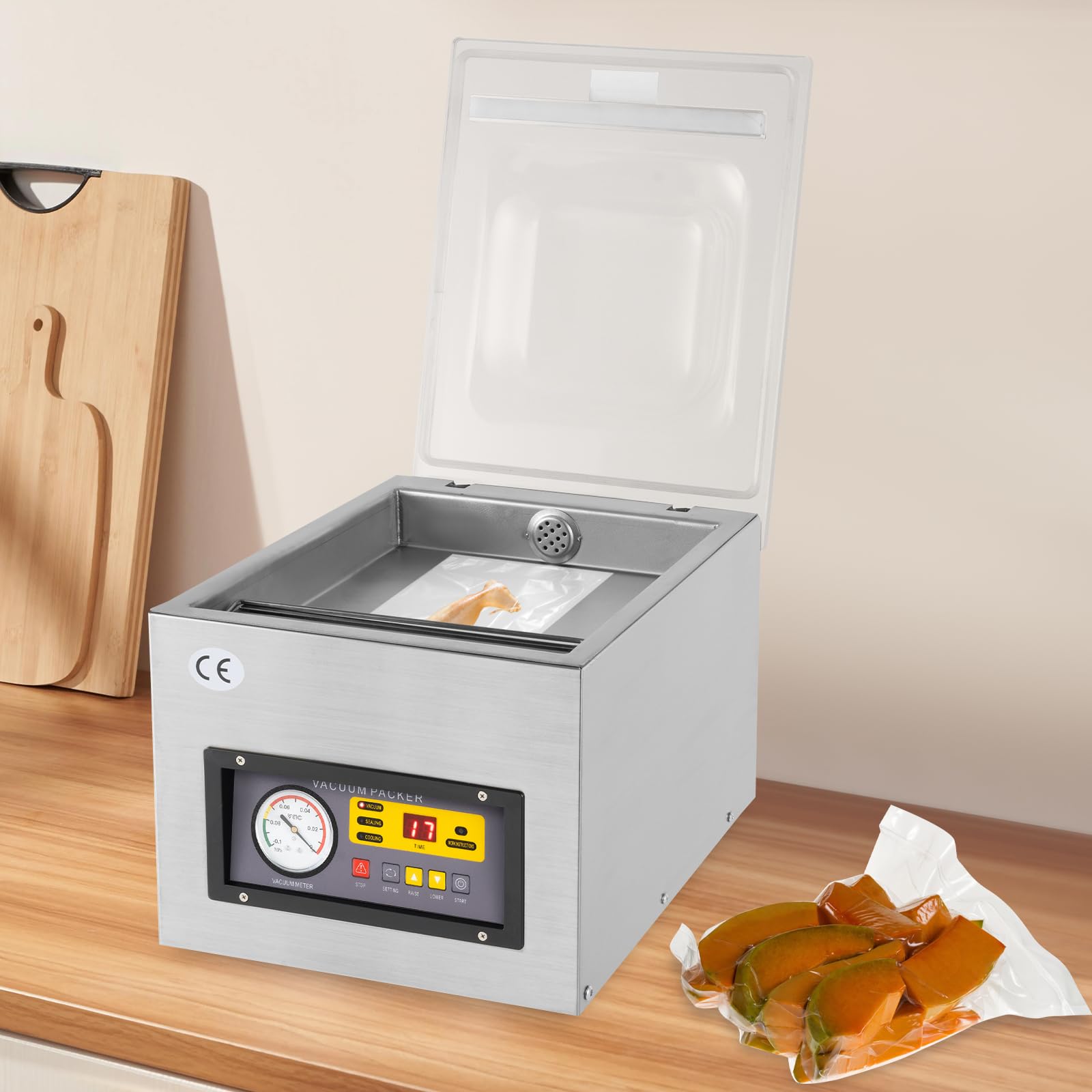 Tisch Edelstahl Vakuummaschine Profi Vakuumierer VakuumiergeräT 120 W Vakuumiergerät 3-in-1 Kammervakuumierer für feuchte Lebensmittel Fleisch Marinaden usw.